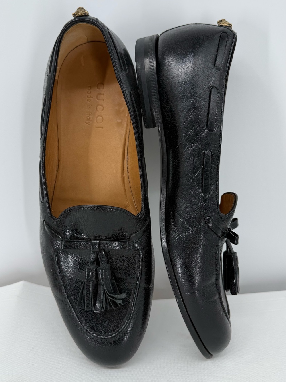 Gucci 521213 Cat Head Tassel Black Leather Loafers Men's Size 7 EU 41
